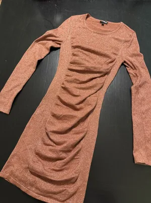 Express Womens Rose Gold Metallic Shimmer Ruched Long Sleeve‎ Bodycon Dress XS thumbnail 1