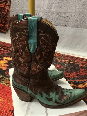 Women's vintage Brown Leather Heeled Western Boots with Turquoise Accents thumbnail 1