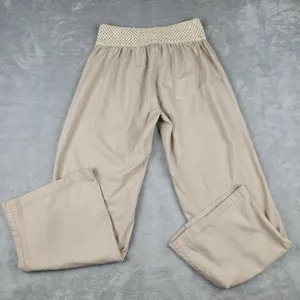 Kiss & Cry Linen Blend Pants Beige Crochet Elastic Waist Size L Large thumbnail 9