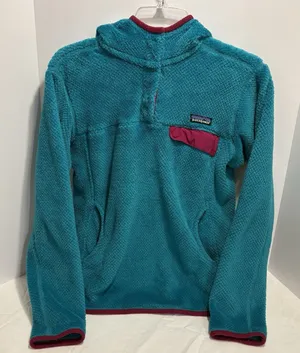 Patagonia Women's Teal Blue Magenta Hooded Snap Retool Fleece Pullover Sz Medium thumbnail 1