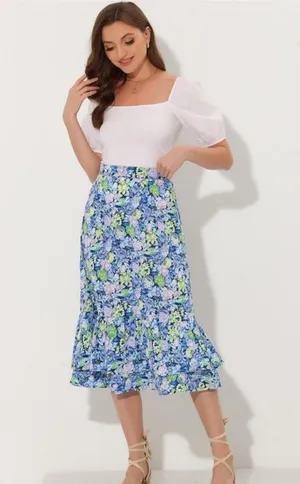 Allegra K INSPIRE CHIC Women's Chiffon Skirt Elastic Waist Ruffle Floral Flowy Sz M = thumbnail 1