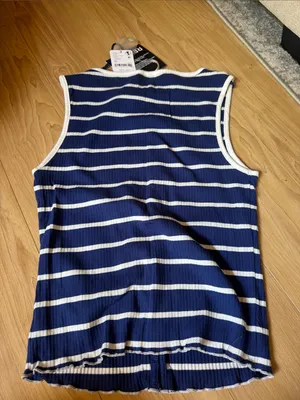 Free People Navy and White Striped Button Ribbed Tank thumbnail 3
