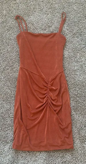 Tic Toc Rust Orange Ruched Mini Slip Dress with Double Straps thumbnail 1
