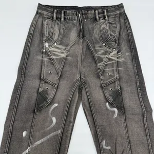 Acid Wash Wide Leg Paneled Denim Jeans Gray Streetwear Measurements in Photos thumbnail 9
