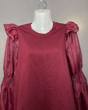 Anthropologie Blouse Womens Small Red Sheer Puff Balloon Sleeve Jersey Top thumbnail 1