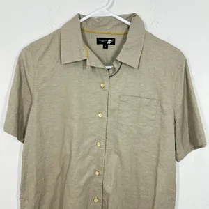 Fundamental Coast Linen Blend Short Sleeve Button Up Shirt Camp Top Beige Size S thumbnail 2