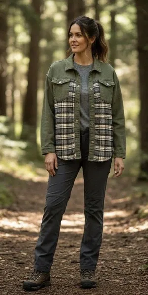 Womens Coats Size Large Cufflink Cotton Denim Plaid Shirt Jacket Army Green thumbnail 1