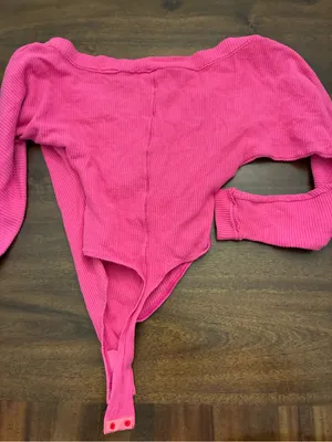 Intimately Free People Bodysuit Medium Hot Pink Long Sleeve Waffle Knit V-Neck thumbnail 3
