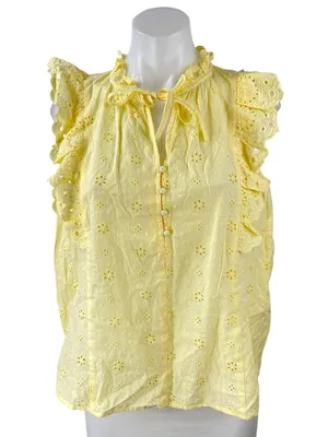 Ann Taylor LOFT Yellow Ruffle Sleeve Embroidered Floral Tie Blouse Top Size S thumbnail 1