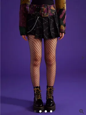 Black Pleated Stitch-Print Mini Skirt with Chain thumbnail 3