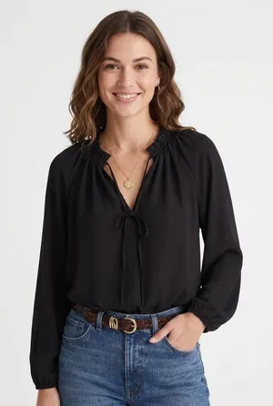 Madewell Top Womens Medium Long Sleeve Tie Neck Jet Black Ruffle Blouse NY328 thumbnail 1