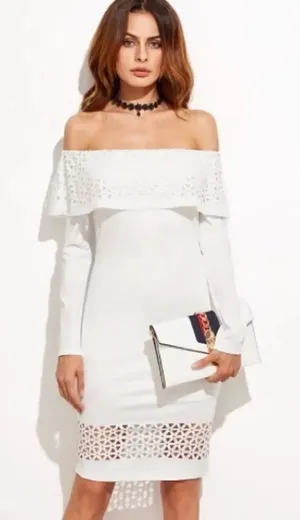 White Laser Cutout Off The Shoulder Ruffle Dress thumbnail 1