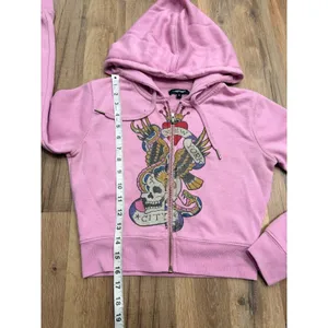 Ed Hardy Women S Pink Zip Hoodie New York City Skull Tattoo Y2K Graphic thumbnail 6