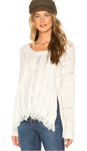 Free People Ocean Drive Ivory Distressed Pullover Sweater S thumbnail 1