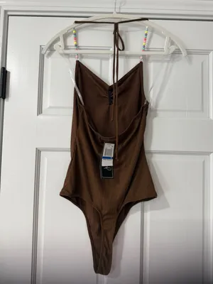 Just Polly Womans Sz Medium Brown Beaded Ribbed Thong Bodysuit Top Retro New thumbnail 6