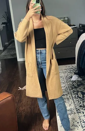 Tan Open Front Knit Long Cardigan thumbnail 5