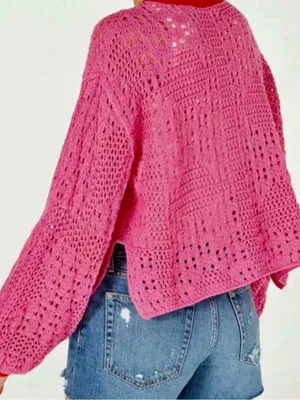 Free People Pink Crochet Knit Sweater Size Large Boho Fall Valentines Day thumbnail 10