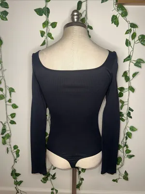 VS PINK Black Ribbed Long Sleeve One Piece Thong Bodysuit Stretchy Slimming thumbnail 2