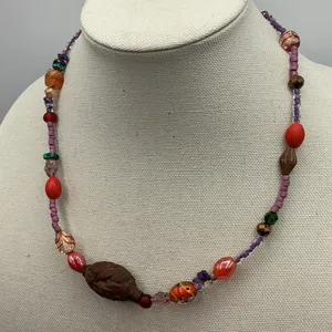 Multicolor Vintage Wood & Glass Quartz Necklace New Accents 20” Adustable thumbnail 2