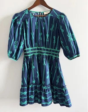 Umgee‎ Navy Blue Green Bow Print Cotton Midi Dress Medium Puff Sleeve thumbnail 1