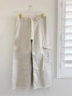 ZARA High Waisted Marine Cargo Jeans Raw Hem Khaki Beige Wide Leg Retro‎ Size 14 thumbnail 11