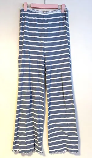 Messy Bun Just Chillin Lace Trim Wide Leg Lounge Pajama Pants Bottoms Blue White Stripes Womens Medium thumbnail 1