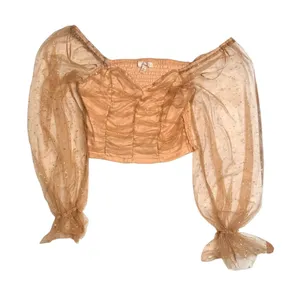 Peach brand Crop Top XS Sheer Star Mesh Balloon Sleeve Ruched Gold ballet fairy thumbnail 1