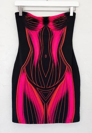 White Fox Strapless Bodycon Mini Dress Small Neon Pink Black Rave thumbnail 1