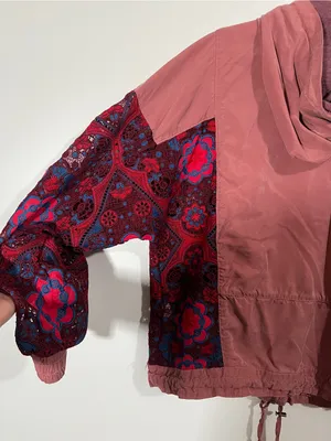 Free People Magpie Embroidered Lace Sleeve Jacket Size Small Baggy Fit Pink Blue thumbnail 7