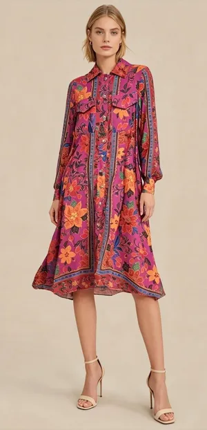 NWT Farm Rio Multicolor Floral Long Sleeves Pockets Midi Dress Size S thumbnail 1