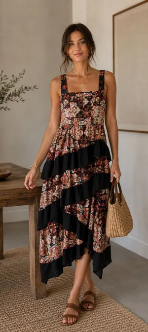 Anthropologie Midi Dress Womens XS Square Neck Tapestry Tiered Ruffle thumbnail 1