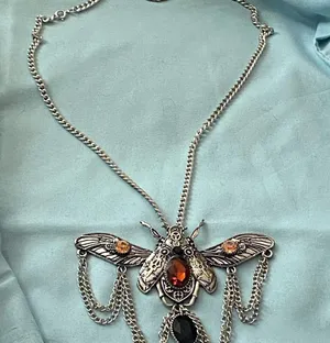 22” Necklace Silver Tone Beetle Pendant 4.5”W Stones Steampunk Goth Gothic thumbnail 6