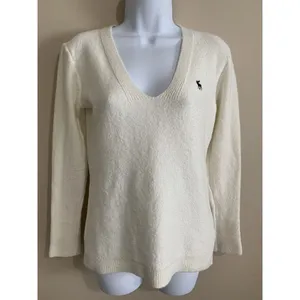Vintage Abercrombie‎ & Fitch Womens V-Neck Ivory Pullover Small Solid Logo thumbnail 9