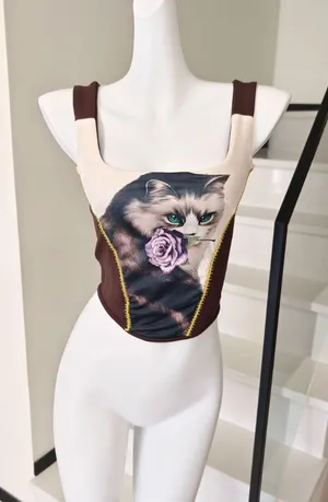 Cat Rose Print Corset Tank Top Color Block Square thumbnail 1