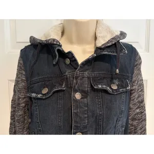 Free People Mixed Media Denim Jacket Knit Sleeves Hooded Distressed Dark Wash S thumbnail 3
