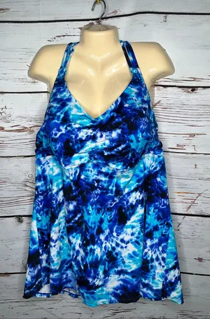 Swim365 by Swimsuits for All 26 Blue Tie Dye Print Bathing Suit Tankini Swim Top thumbnail 1