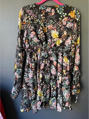 Free People Black Floral Long Sleeve Mini Dress with Tie Details thumbnail 2