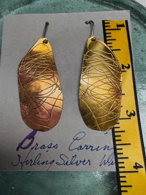 Handmade 1970s Artisan Earrings Abstract Design Brass and Sterling Silver Drop Wires thumbnail 4