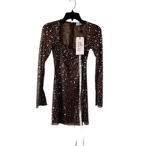 Oh Polly Zeta Sheer Embellished Long Sleeve Mini Dress in Deep Cocoa Size 0 New thumbnail 5