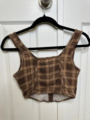 Brown Plaid Crop Top Hook and Eye Front Size Small | Grunge thumbnail 4