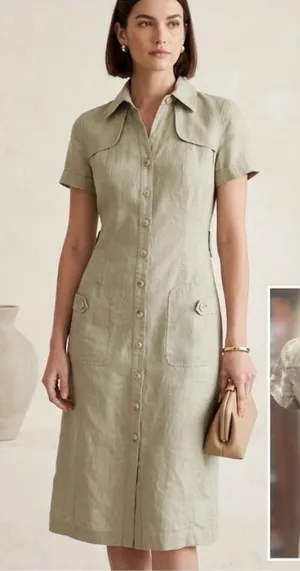 Anne Klein A-Line 100% Linen Safari Shirt Dress Khaki Green Utility Midi Size 4 thumbnail 1