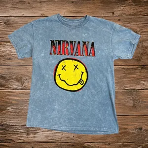 Nirvana Smiley Face Graphic Tee Blue Acid Wash Cotton Rock Band Shirt Medium thumbnail 1