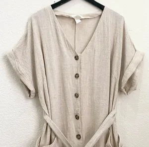 H&M Beige Linen Blend V Neck Button Front Jumpsuit Romper Size XL thumbnail 8