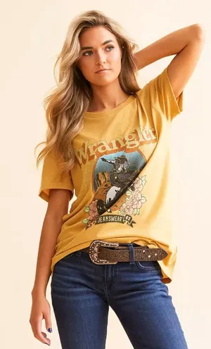 Wrangler Pale Gold Heather Rodeo Flowers Graphic Tee Size Small thumbnail 1