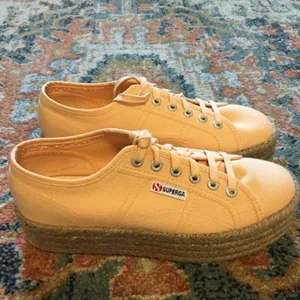 SUPERGA Orange Apricot Peach Linen Platform Rafia Sneakers Shoes EU 38 or US 7.5 thumbnail 4