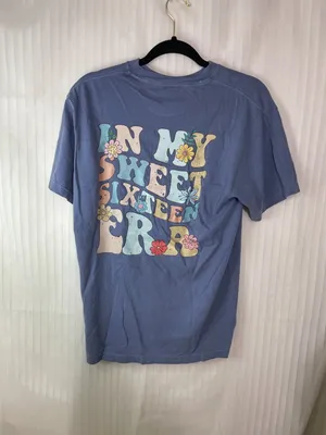 Comfort Colors Sweet 16 Graphic T-Shirt Medium Blue Floral Birthday 100% Cotton thumbnail 5