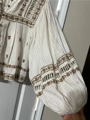 Free People Cream Boho Embroidered Peasant Blouse with Tan Accents thumbnail 4
