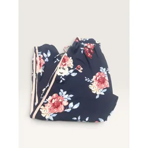 About a Girl Womens XL Floral Jogger Pants Navy Pink Striped Boho Casual thumbnail 3