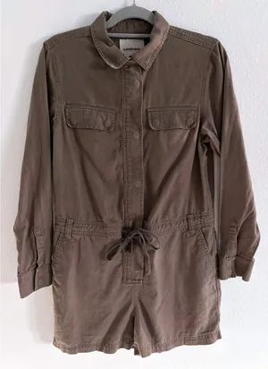 Lands End Jumpsuit Womens 8‎ Brown Linen 3" Shorts Utility Long Sleeve Romper thumbnail 1