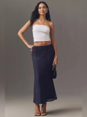 Anthropologie Maeve Yoke Ruched Navy Blue Skirt XS thumbnail 2